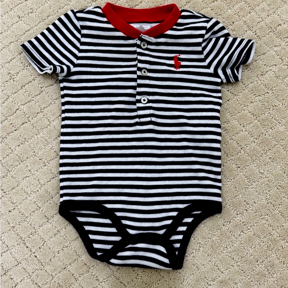 Ralph Lauren Navy and White Striped Onesie Bodysuit with Red Accents